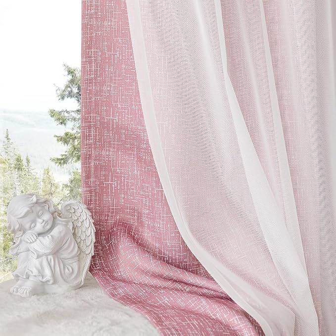 Ombre 100% Blackout Curtains 90 Inches Long 2 Panels for Girls Bedroom Living Room Pink and White Double Layer Sheer Overlay Mix & Match Grommet Thermal Soundproof Drapes with Tiebacks