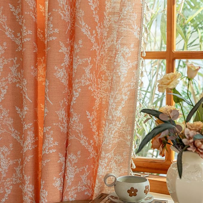 OYX Orange Floral Curtains 63 Inch Long 2 Panels, French Vintage Farmhouse Patterned Decor Window Drapes with Tassels, Girls Semi-Sheer Light Filtering for Bedroom Living Room (Rod Pocket, 52Wx84L)