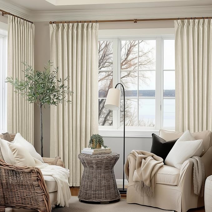 TWODRAPES Extra Wide Pinch Pleat 60 x 84 Inch Linen Curtains for Living Room Beige Light Filtering Semi Sheer Pleated Curtains for Patio Glass Sliding Door Dining Bedroom Large Window 60x84 1 Panel