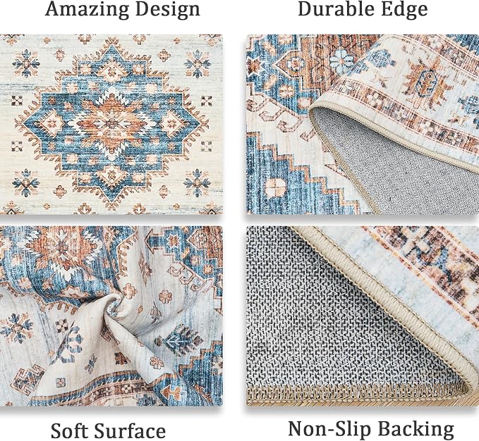 Roxstand 8x10 Washable Area Rugs for Living Room, Blue/Beige | Non-slip Backing, Low-Pile Carpet, Stain Resistant,Rugs for Living Room, Bedroom, Dining Room, Office