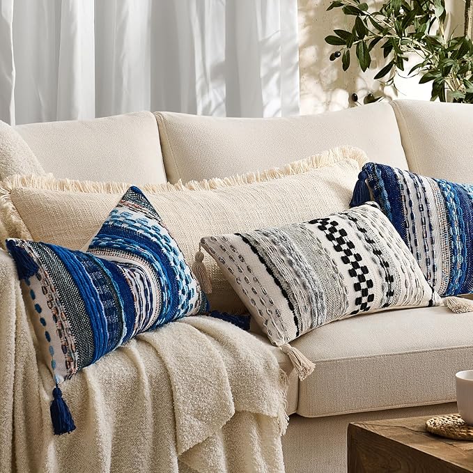 Kevin Textile Spring 12x20 Inch Lumbar Throw Pillow Cover 1 Pack Boho Decorative Soft Chenille Thread Woven Tufted Textured Rectangle Cushion Case Accent for Living Room Couch Sofa Bed, Black
