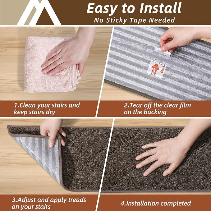 COSY HOMEER Stair Treads for Wooden Steps 11"x30" Washable Indoor Carpet Stair Treads Non Slip Soft Polyester Stair Carpet Tread Reusable Stair Runner Rugs for Kids, Elders,Pets,Brown,4pcs