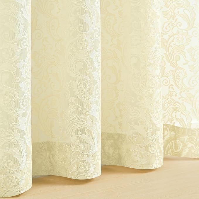 Bujasso Ivory Lace Sheer Curtains 108 inch Vintage Floral Sheer Window Curtain Panels for Living Room Bedroom Elegant Light Filtering Ivory Drapes Window Treatment Set Rod Pocket 2 Panels 54" Wx108 L