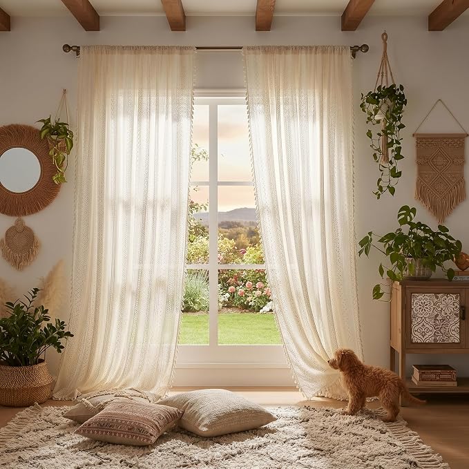 WAZZIO Boho Lace Curtains 72 Inches 2 Panel,Light Filtering Privacy Tassel & Geometry Crochet Semi Sheer Curtain Drapes for Bedroom Living Dining Room,Rod Pocket & Tassel,Vintage French Country,Beige