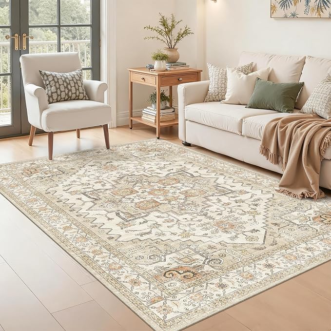 Area Rugs for Living Room - 4x6, Boho Non-Slip Low Pile Carpet Machine Washable Rugs for Bedroom, Farmhouse, Office, Dining Room (Gold)