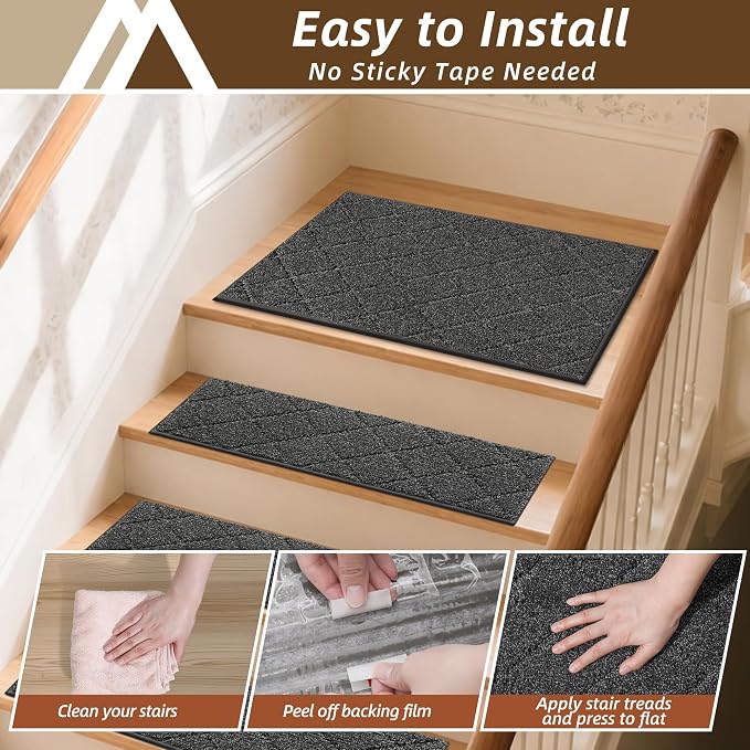 COSY HOMEER Edging Stair Treads Non-Slip Corner Indoor Stair Runners for Wooden Steps,Landing Slip Resistant Stair Rugs for Kids and Dogs, 100% Polyester TPE Backing,Black,20"X32"