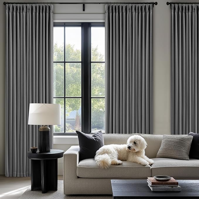Grey 96 Inch Blackout Pinch Pleated Curtains 2 Panel Set for Living Room Darkening Thick Linen Textured 100% Black Out Drapes 96 Inches Long Pinch Pleat Light Blocking Bedroom Charcoal Dark Gray