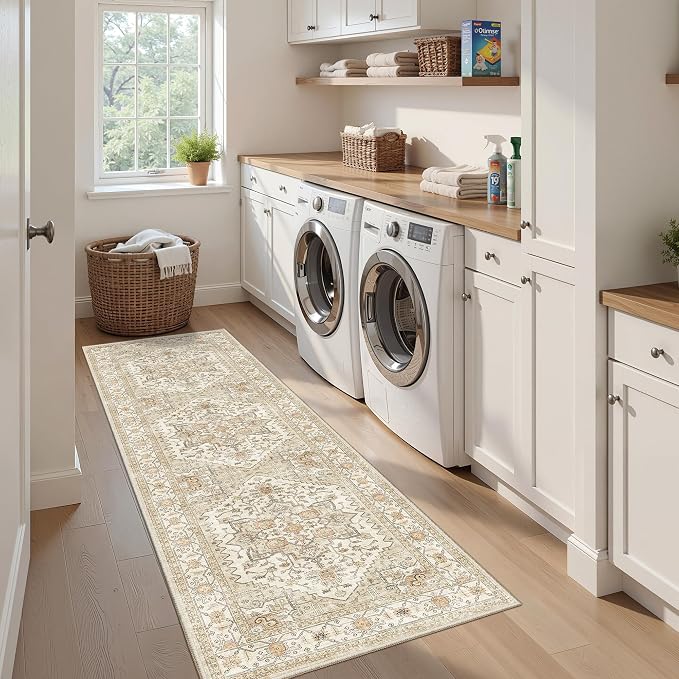 befbee Runner Rug 2x8, Washable Hallway Runner Rugs, Non-Slip Low-Pile Soft Kitchen Rug Runner Laundry Room Rug, Vintage Throw Mat for Entrance Living Room (2'x8',Gold)