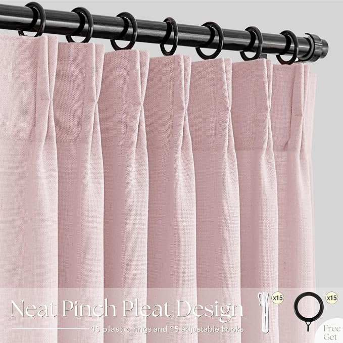Pink Pinch Pleated Linen Curtains 102 Inch Length 2 Panels for Living Room Bedroom Textured PinkSemi Sheer Drapes Pinch Pleat Rings Window Curtain 40x102