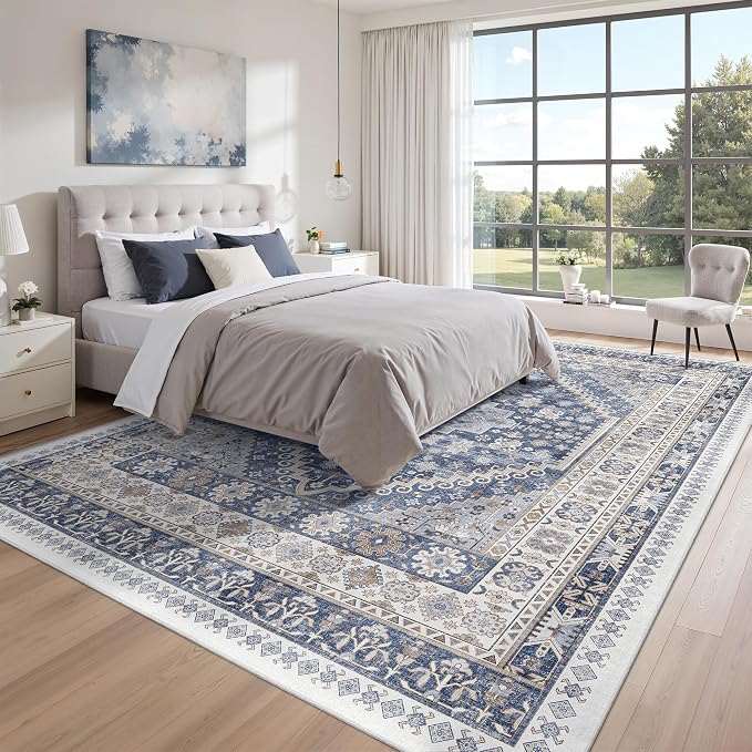 zesthome 10x12 Area Rugs,Stain Resistant Washable Rug,Ultra-Thin Rugs for Living Room,Bedroom,Non-Slip Backing Home Decor Large Area Rug (Blue/Beige,10'x12')