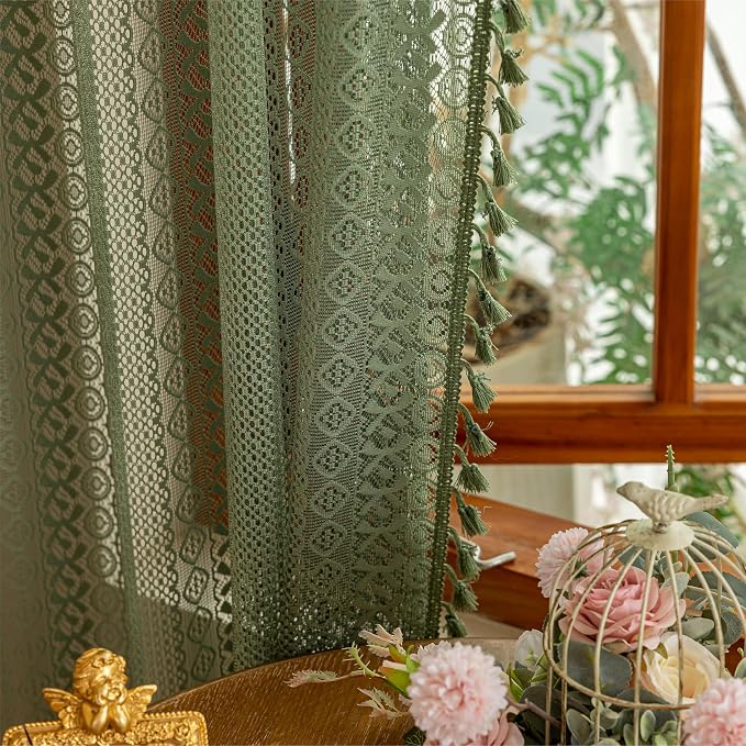Sutuo Home Olive Green Boho Sheer Curtains 90 Inches Long for Nursery Bedroom, Lace Curtains Bohemian French Country Privacy Crochet Light Filtering Vintage Tassels Christmas Rod Pocket,2 Panels 50"W
