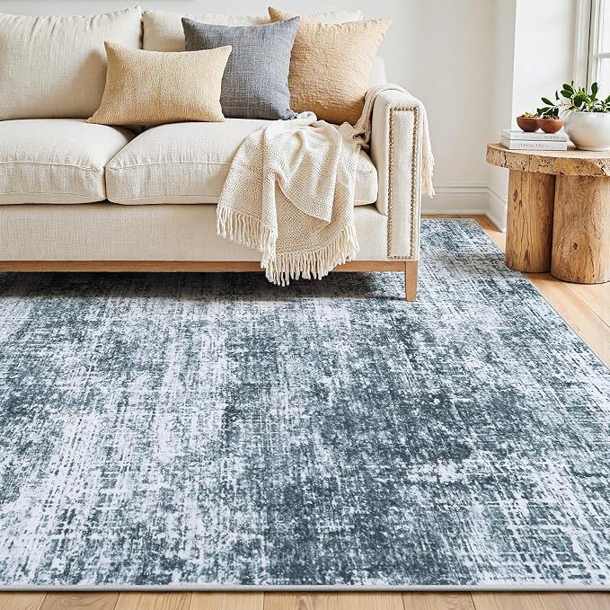 10x14 Area Rugs Washable Rug: Anti-Skid Abstract Modern Living Room Rug Soft Thin Carpets Indoor Floor Non-Shedding Carpet for Bedroom Dining Nursery Home Office (Light Slate Blue/White,10'x14')