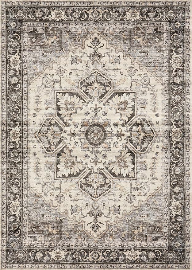 Area Rug 5x7 for Living Room - Washable Oriental Vintage Floral Distressed Large Indoor Carpets with Non Slip Back for Bedroom Dining Room Nursery Office Home Decor - Grey Brown