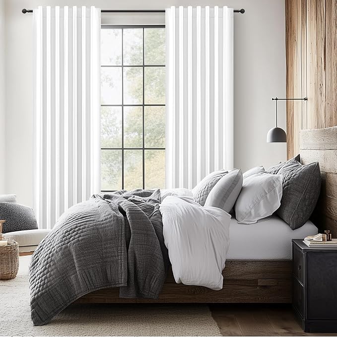 Solid White Blackout Linen Curtains 96 Inches Long for Living Room, Neutral Farmhouse Pleated Drapes Rod Pocket & Track System for Bedroom Windows Black Out Privacy Curtain 2 Panels Set 8 FT Length