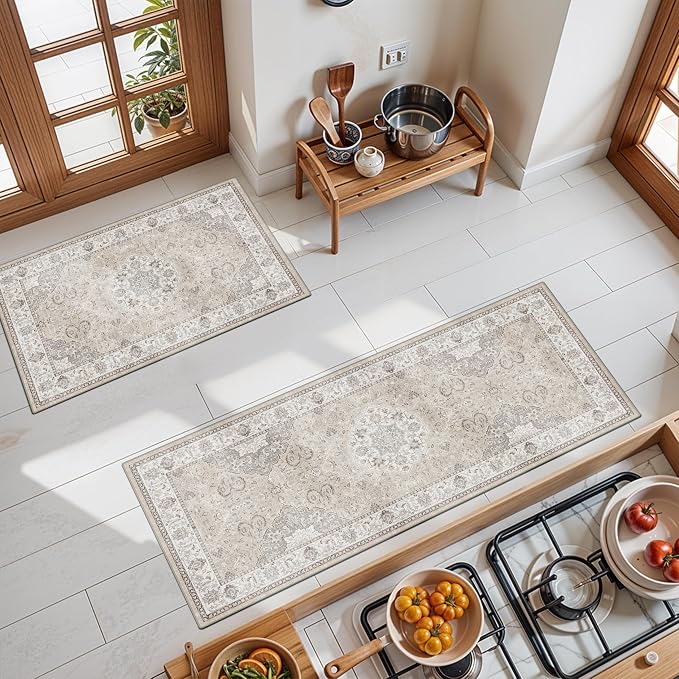 Washable Kitchen Rug Set of 3: Boho Non-slip Soft Stove Sink Mat Light Weight Stain Resistant Carpet for Dog Bowl Area Comfort Tile/Hardwood Floors Protection Mat for Entryway Foyer(2x3+2x4+2x5,Beige)