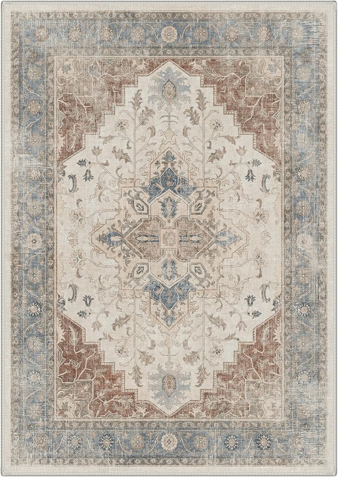 GENIMO 5x7 Floral Medallion Area Rug Machine Washable Non Slip Low Pile, Lightweight Print Pattern Rugs for Living Room Bedroom Dining Room, Dusty Beige