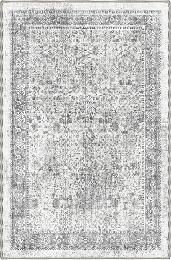 Bavni 2x3 Doormat, Machine Washable Runner Rug Non Slip, Vintage Floral Print Style Rugs for Entrance-Lightweight Low Pile Carpet for Hallways Kitchen and Corridor, Grey