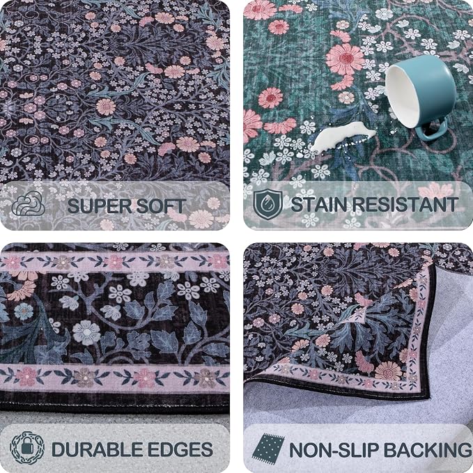 Washable 2x3 Entry Rug, Front Door Rugs Indoor, Vintage Floral Area Rugs for Kitchen, Non-Slip Bathroom Small Rugs, Perfect for Entryway Decor Door Mat (2x3 Black)