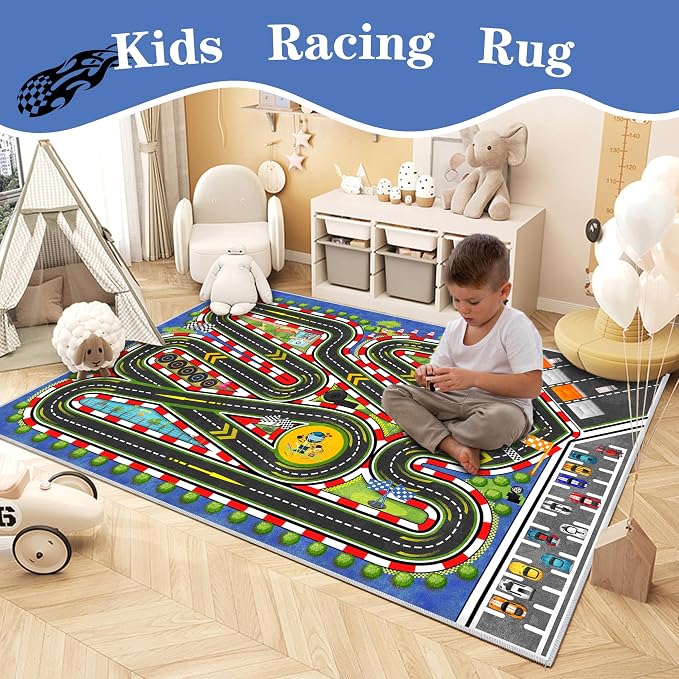 Kids Racing Rug 47''x71'' Car Road Kid Rug Carpet Playmat for Playoom Traffic Road Kid Play Mat for Bedroom,Kids Educational City Traffic Road map Fun Carpet (Blue)