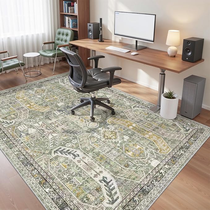 befbee 5x7 Area Rugs for Living Room,Stain Resistant Washable Rug,Non-Slip Backing Rugs for Bedroom,Kitchen,Printed Vintage Home Decor Rug (Green/Gold, 5'x7')