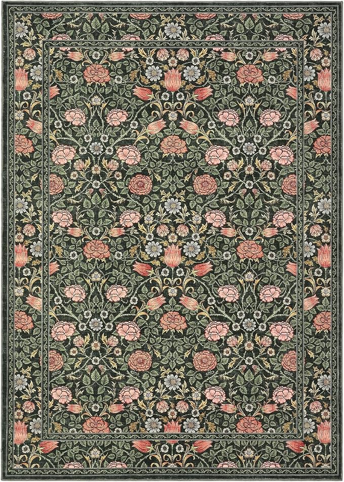 GarveeHome Dark Green Vintage Floral Washable 8x10 Area Rugs for Living Room Boho Botanical Retro Rug Low Pile Stain Resistance Non Slip Carpet for Bedroom Nursery Dining Room