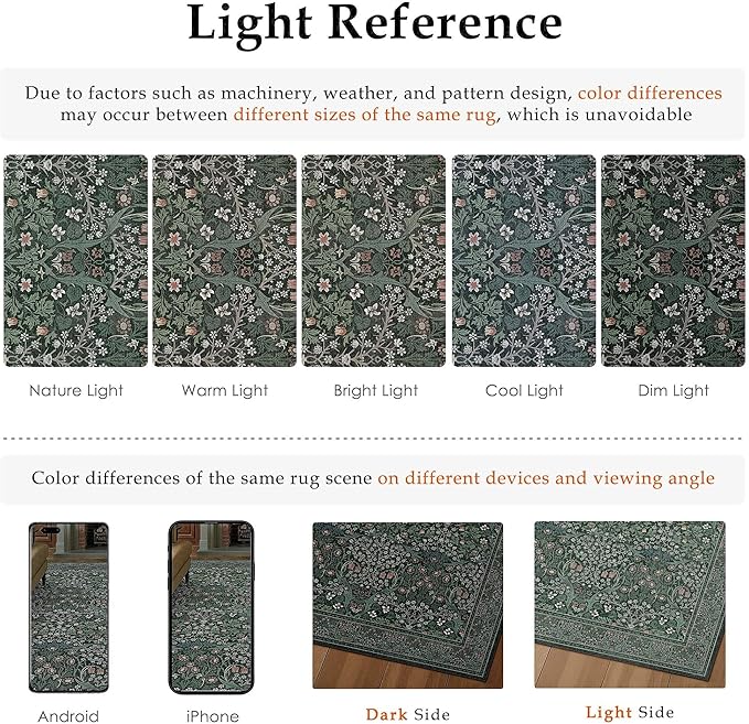 HUGEAR Vintage Floral Machine Washable 9x12 Area Rugs Green Living Room Bedroom Rug Retro Neutral Stain Resistant Non Slip Low Pile Throw Carpet for Home Aesthetic Modern Decor