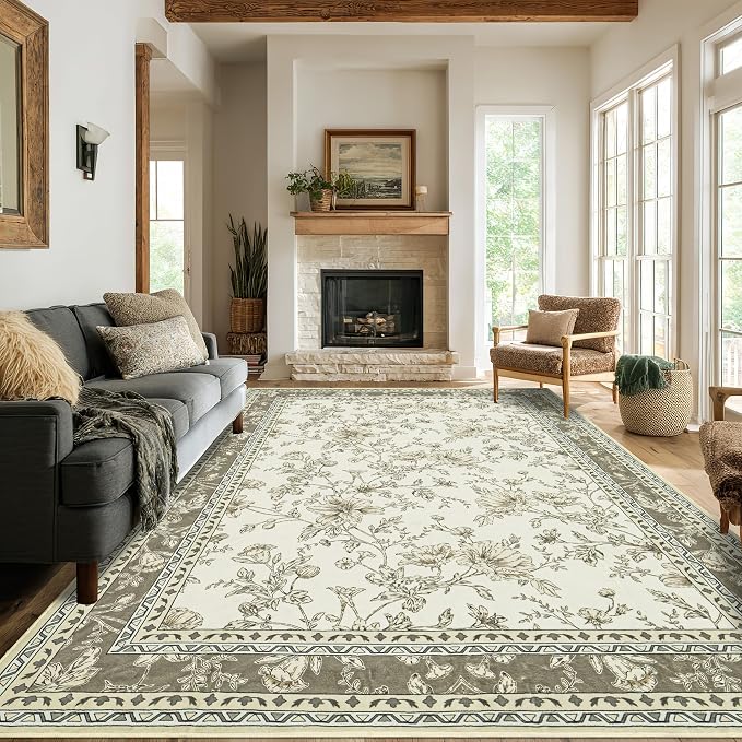 Large Neutral Beige Area Rug 10x12 for Living Room Earth Tone Cream Taupe Tan Pattern Modern Boho for Bedroom Soft Vintage Area Rug Farmhouse Floral Carpet for Dining Room Guest Bedroom Home Decor