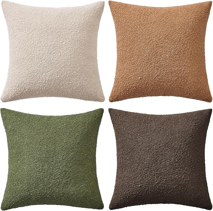 MIULEE Pack of 4 Decorative Textured Boucle Throw Pillow Covers | 18x18 Inch Green Brown Accent Pillow Cases Soft Couch Cushion Covers Modern Farmhouse Boho Sofa Bed Livingroom Home Decor