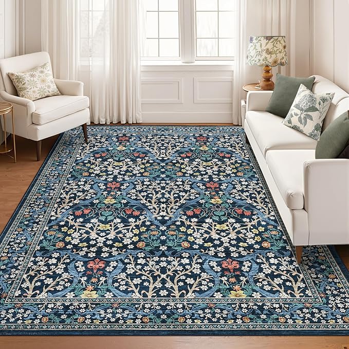 GarveeHome 8x10 Area Rugs, Washable Rugs for Living Room Non Slip Stain Resistant Ultra Soft Floral Rug, Boho Carpet Floor Mat for Bedroom Dining Room Nursery Playroom Office, Dark Blue