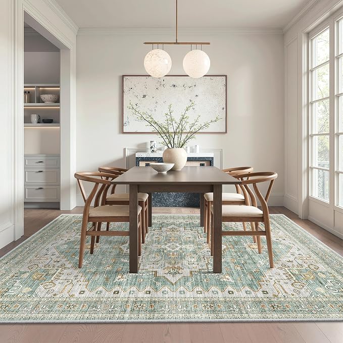 Area Rugs for Living Room - 3x5, Boho Non-Slip Low Pile Carpet Machine Washable Rugs for Bedroom, Farmhouse, Office, Dining Room (Green)