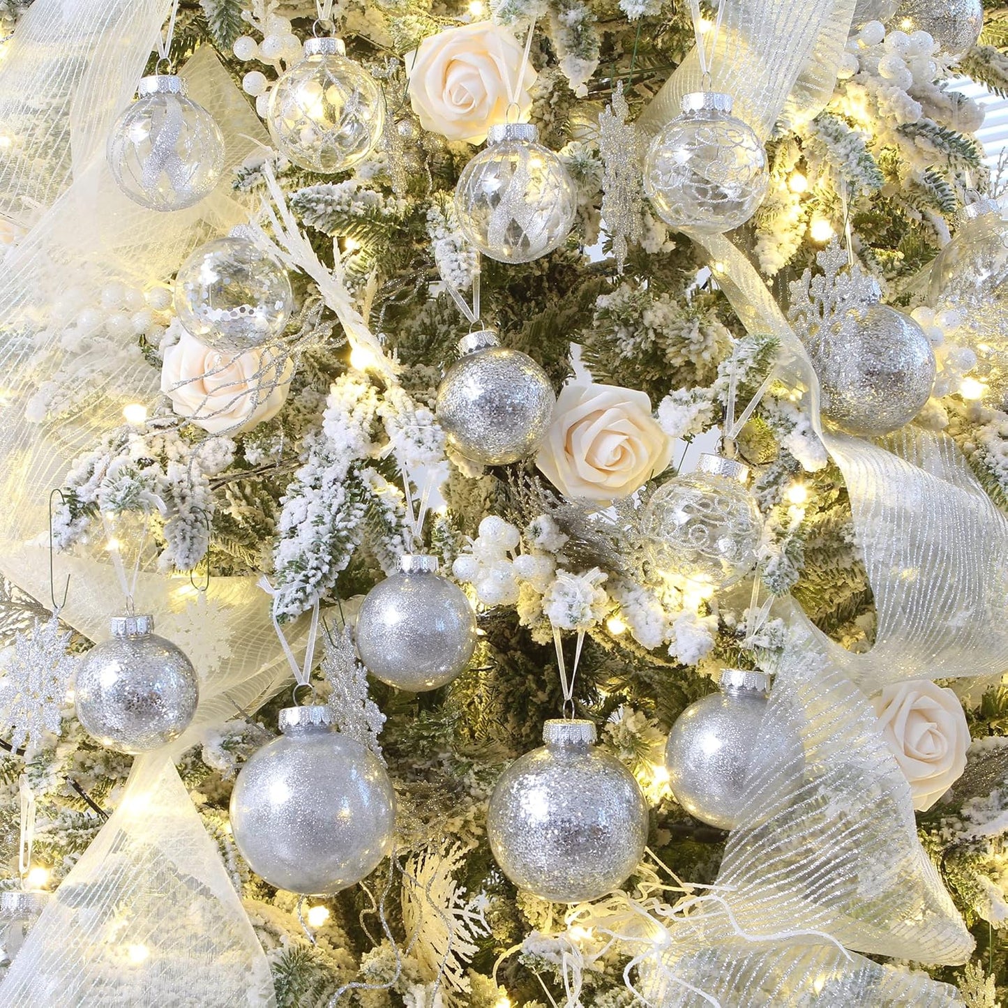 Sea Team Shatterproof Clear Plastic Christmas Ball Ornaments Decorative Xmas Balls Baubles Set with Stuffed Delicate Decorations (60mm/2.36 inch 30-Pack, Silver)