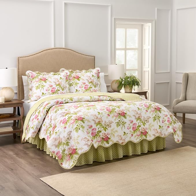 Waverly Emmas Garden Modern Farmhouse Floral 4-Piece Reversible Quilt Bedspread Set, Queen, Blossom