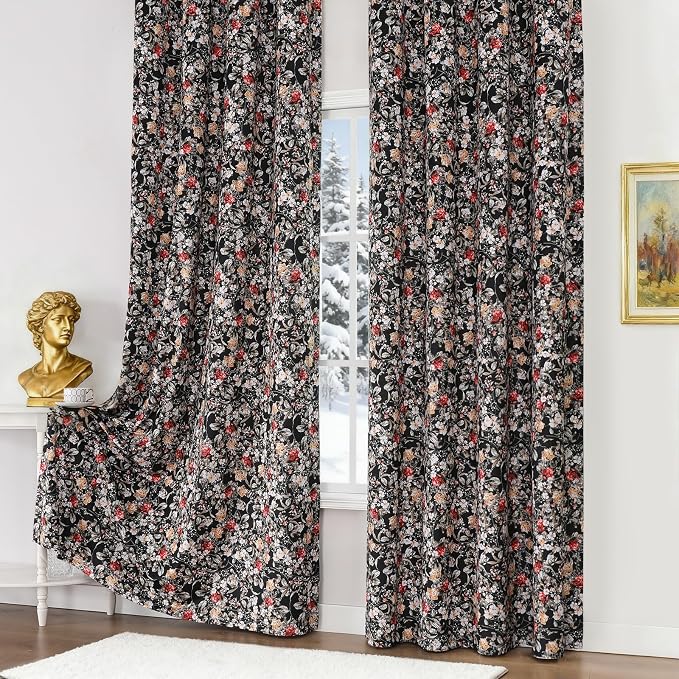 Estelar Textiler Black Velvet Floral Printed Blackout Curtains for Living Room, Room Darkening Elegant Flower Pattern Window Treatment Farmhouse Drapes 90 Inch Length 2 Panels Set for Bedroom,52Wx90L