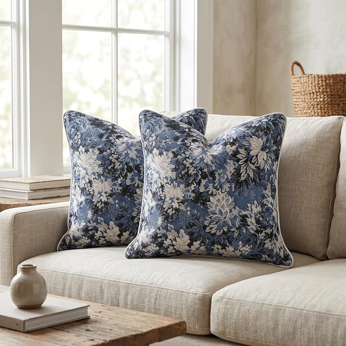 Vintage Floral Throw Pillow Covers 20x20 Inches Set of 2 Boho Farmhouse Pillow Cases Premium Chenille Textured Decorative Cushion Covers for Couch Retro Garden Farmhouse Style Blue