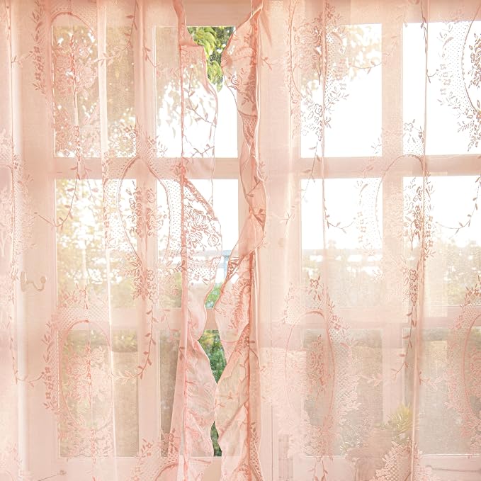 Sutuo Home Pink Lace Curtains 96 Inches Long 2 Set, Sheer Panels Rose Floral Embroidery Ruffled Vintage Voile Window Treatment Pair for Girl's Bedroom Living Room, Rod Pocket, W57 x L96