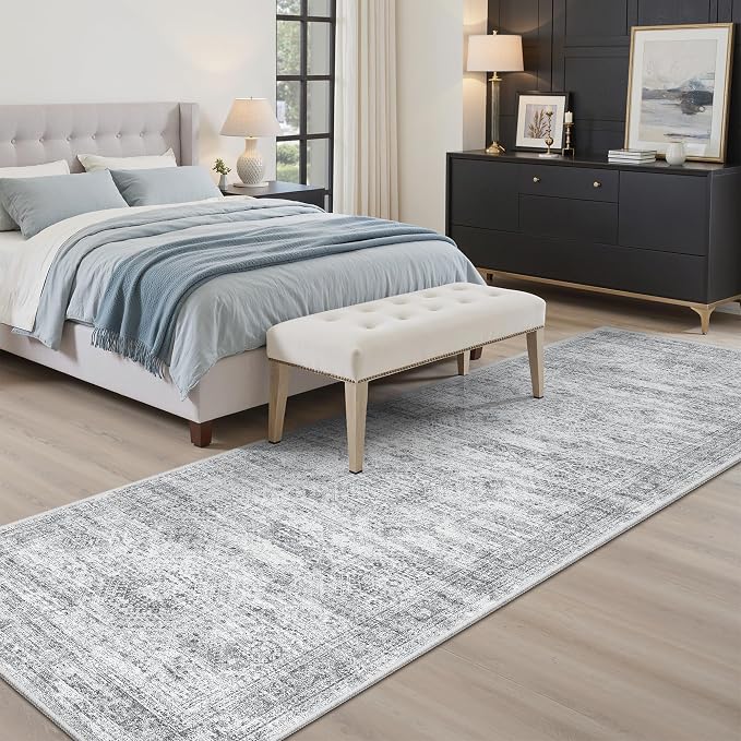 Soalmost Washable Runner Rug, 2'6" x 8' Non-Slip Kitchen Vintage Foldable Hallway Runners for Entryway, Laundry, Bedroom, Grey