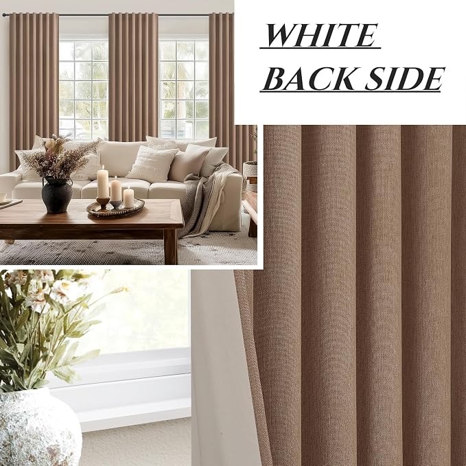 100% Blackout Curtains 86 Inch Length 2 Panels Set Farmhouse Style for Bedroom Windows/Living Room Thermal Insulated Neutral Boho Drapes Linen Blend Chocolate RustBrown Long Hook Belt Pleated