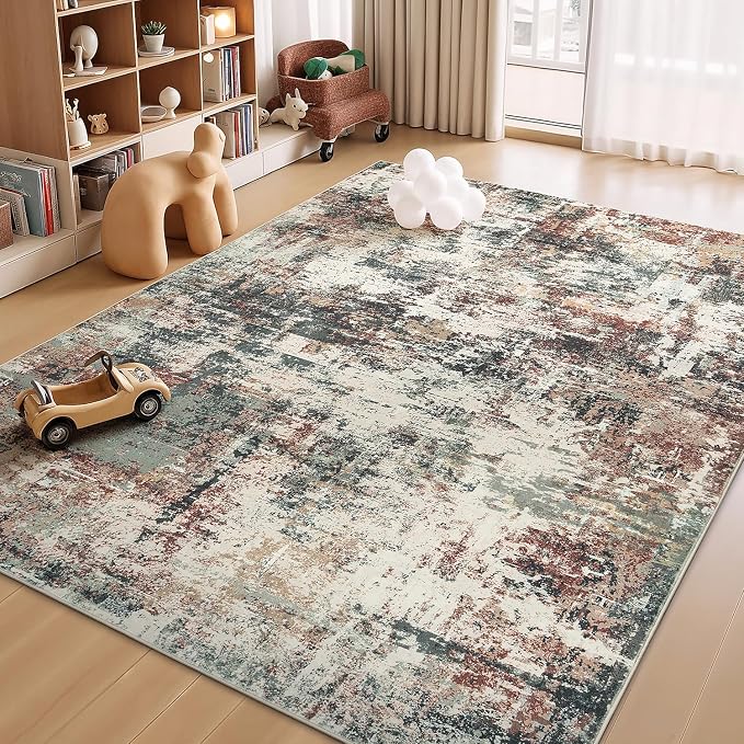 Rugflix 8x10 Area Rugs for Living Room, Washable Large Rug Stain-Resistant Low Pile, Modern Carpet for Dining Room Home Office Kid Room Nursery Bedroom, Rust Brown Green