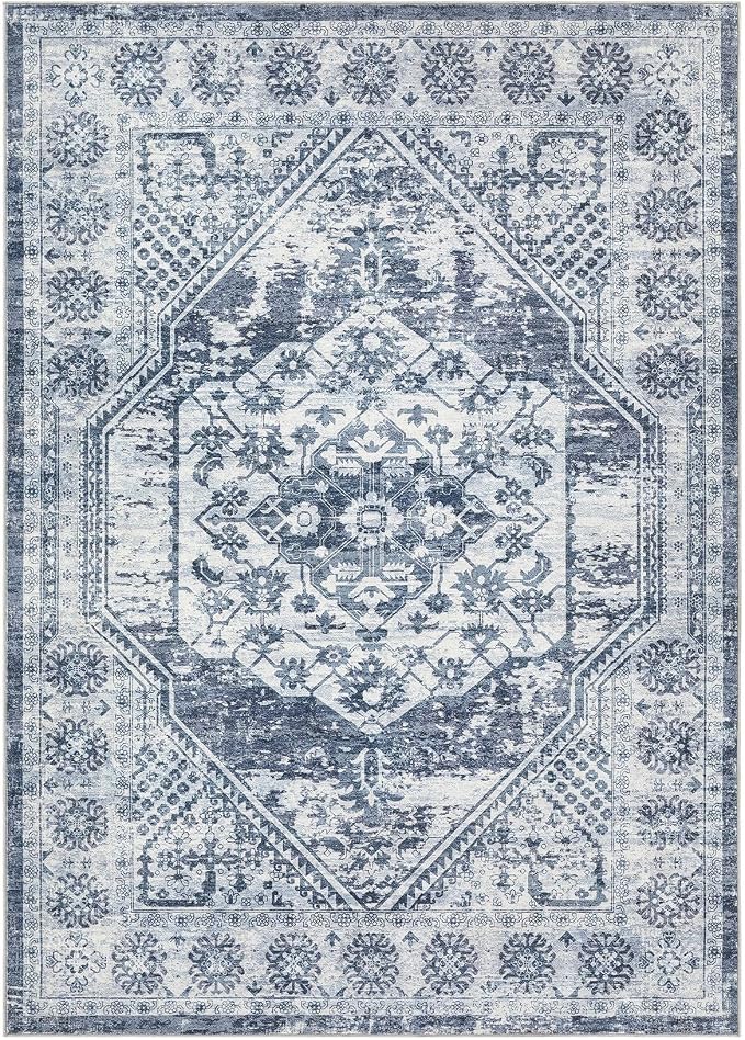 Vintage Living Room Area Rug 8x10 - Large Soft Washable Oriental Traditional Distressed Farmhouse Rugs for Bedroom - Indoor Floor Accent Carpet for Home Office House Decor - Distressed Blue
