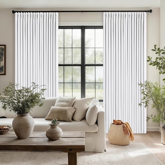 White Blackout Pinch Pleated Linen Curtains 105 Inches Long for Living Room 2 Panels Thermal Insulted Dual Layer Drapes Ceiling Floor Back Tab 105 Inch Window Curtains Bedroom Sliding Glass Door