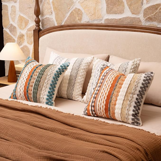 Boho Chenille Tufted Throw Pillow Covers 18x18 Inch Set of 2 Farmhouse Orange Grey Woven Striped Decorative Pillowcases for Couch Sofa Bed