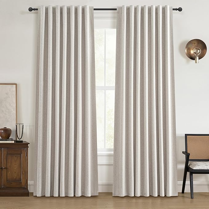 QJmydeco Black Out 98 Inch Long Boho Curtains 2 Panel Set, Farmhouse Curtains for Living Room Darkening/Thermal/Noise Reduction Textured Flax Linen Drape Hook&Ring Included Birch Off White 50"x98"