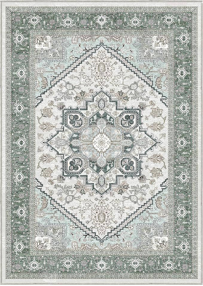 OPPODREAM Soft 10x14 Area Rugs, Washable Rugs 10x14 with Non Slip Backing, Low-Pile Faux Cashmere 10 x 14 Carpet, Green