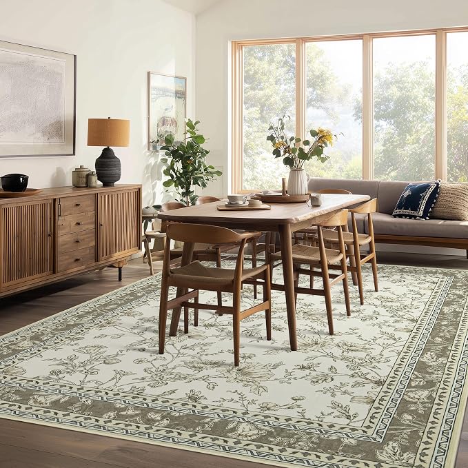 Neutral Beige Floral Area Rugs 6x9 Living Room, Taupe with Beige Tan Flower Design Low-Pile Washable Rugs for Bedroom Dining Room, Vintage Modern Farmhouse Boho Indoor Floor Carpet Kids Playroom