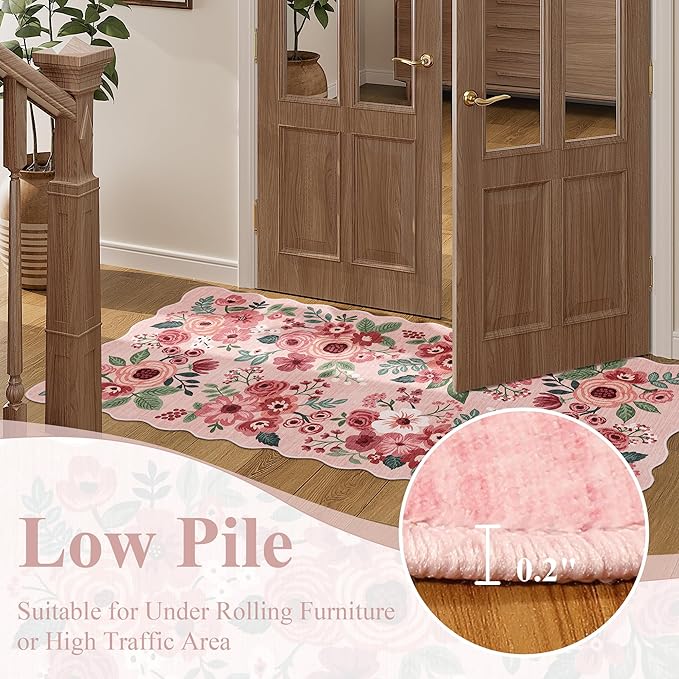 DUKINO 2x10 Runner Rug for Hallway, Washable Kitchen Rug with Non Slip Backing & Non-Shediing, Soft Low Pile Floral Design Runner for Bedroom, Kithchen, Living Room, Laundry, Bathroom, Pink