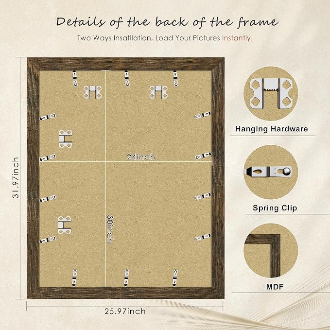 Picrit 24x30 Picture Frame 3 Pack, Wooden Brown Rustic Poster Frame, Display Poster 18 x 24 with Mat or 24x30 without Mat for Horizontal or Vertical Wall Mounting