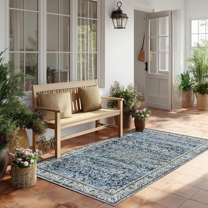 Machine Washable Area Rugs 4x6 Blue Low Pile Soft Carpet for Dining Room Vintage Floral Distressed Style Dark Blue 4 by 6 Rug for Living Room Home Office Small Throw Rug for Bedroom