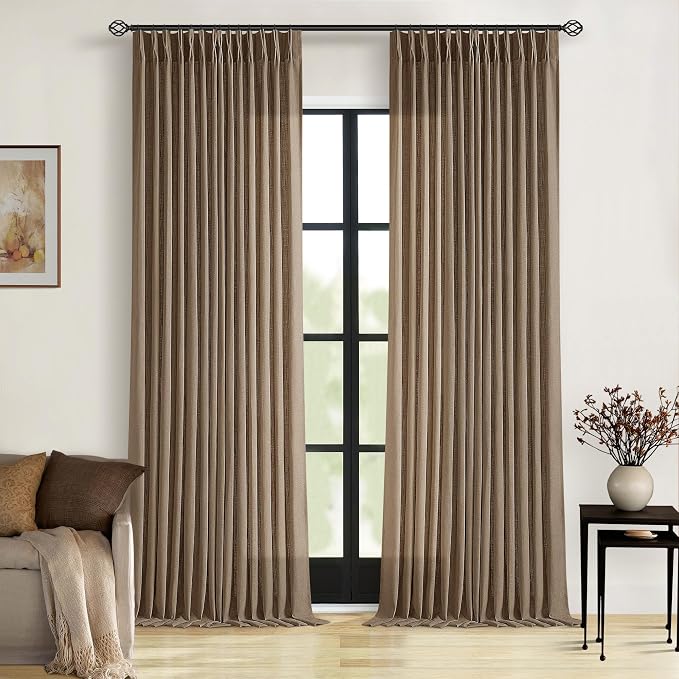TWODRAPES Brown Pleated Linen Curtains 96 Inches Long Living Room 2 Panel Set Semi Sheer Light Filtering Pinch Pleat with Rings Hooks Drapes Boho Rustic Farmhouse Dutch Cocoa Curtain Bedroom Window