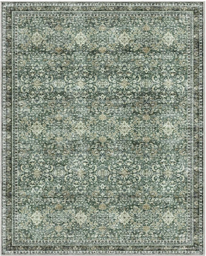 Sasttie 8x10 Area Rugs, Ultra-Soft Washable Rug, Low Pile Foldable Thin Carpets with Non-Slip Backing, Skin-Friendly Stain Resistant Carpet for Living Room, Bedroom, Kitchen, Dorm, 8x10, Dark Green