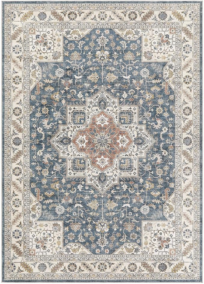 Vintage Living Room Area Rug 5x7 - Large Soft Washable Oriental Traditional Distressed Farmhouse Rugs for Bedroom - Indoor Floor Accent Carpet for Home Office House Decor - Vintage Blue